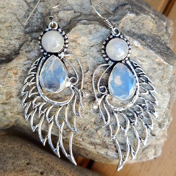 New Opal Opalite & Rainbow Moonstone 925 Silver Wings Earrings. - Picture 14 of 16